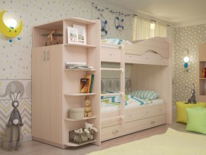 Кровать 2-х ярусная Мая с ящиками и шкафом на латофлексах млечный дуб в Сатке - satka.magazinmebel.ru | фото