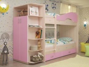 Кровать 2-х ярусная Мая с ящиками и шкафом на латофлексах розовый в Сатке - satka.magazinmebel.ru | фото
